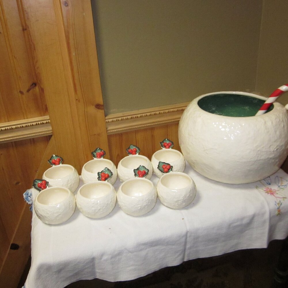 Vtg Riddell Cal pottery 50s signed snowball punchbowl set - Picture 4 of 11